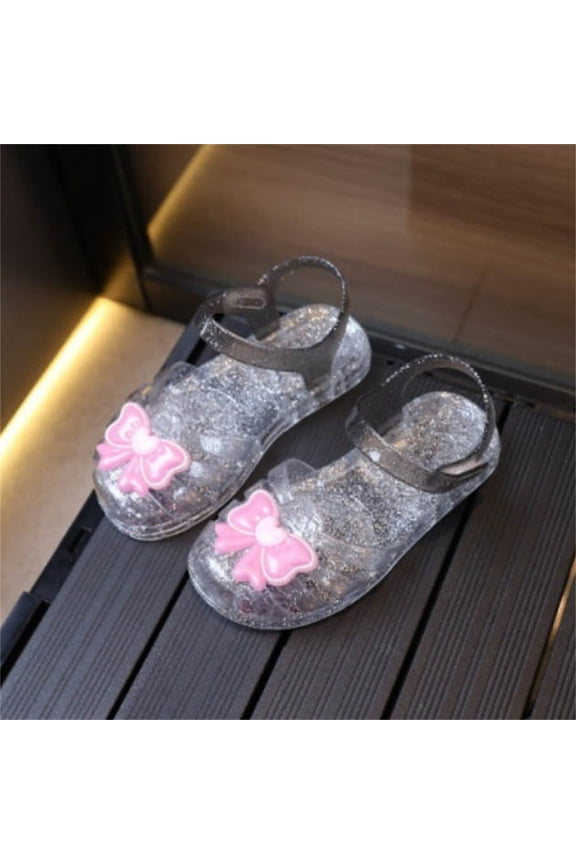 Girls Clear Jelly Bow Sandals Low Heel Crystal Princess Shoes Comfort Non Slip Summer Vacation Beach Flat Shoes for Ages 3-10.5