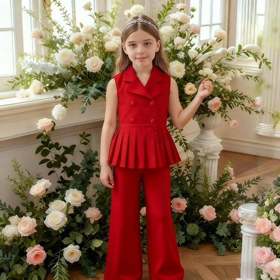hengsof Girls’ Clothing Sets Sleeveless Button Down Top Wide Leg Pants Summer Outfits Cute Kids Clothes