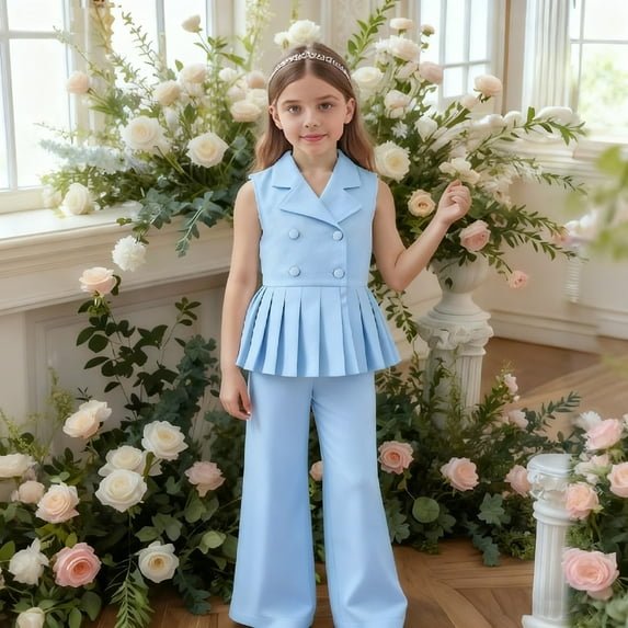 hengsof Girls’ Clothing Sets Sleeveless Button Down Top Wide Leg Pants Summer Outfits Cute Kids Clothes