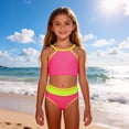 thumbnail image 1 of hengsof Girls Color Block Bikini Set for 4-7 Years, Solid and Print Mix Triangle Top and Bottom, Summer Pool Play Swimwear, 1 of 8