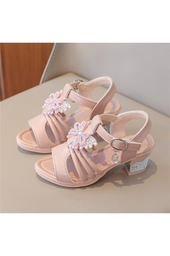 Girls Crystal Bow High Heel Sandals Rhinestone Wedding Party Shoes Solid Color Comfort Performance Flat Shoes for Kids