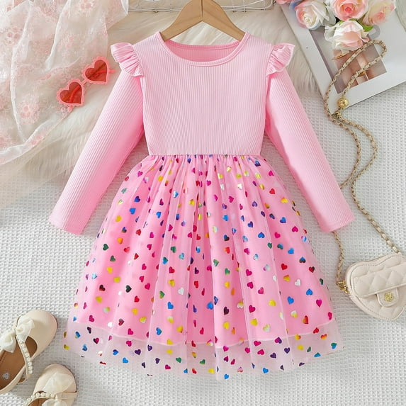 hengsof Girls Cute Printed Long Sleeve Crew Neck Party Dress for 1-8 Years Old Mesh Layered Princess Dress Sweet Holiday Party Princess Dress