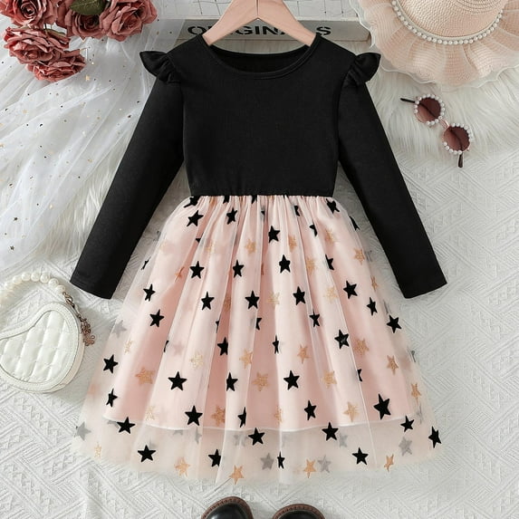 hengsof Girls Cute Printed Long Sleeve Crew Neck Party Dress for 1-8 Years Old Mesh Layered Princess Dress Sweet Holiday Party Princess Dress