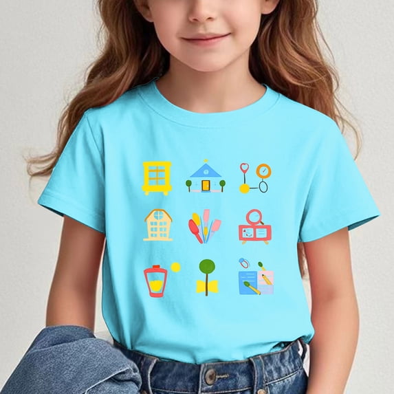 hengsof Girls Cute Printed Short Sleeve T-Shirt Back-to-School Themed Fashionable Crew Neck Top Sizes 3-15 Years