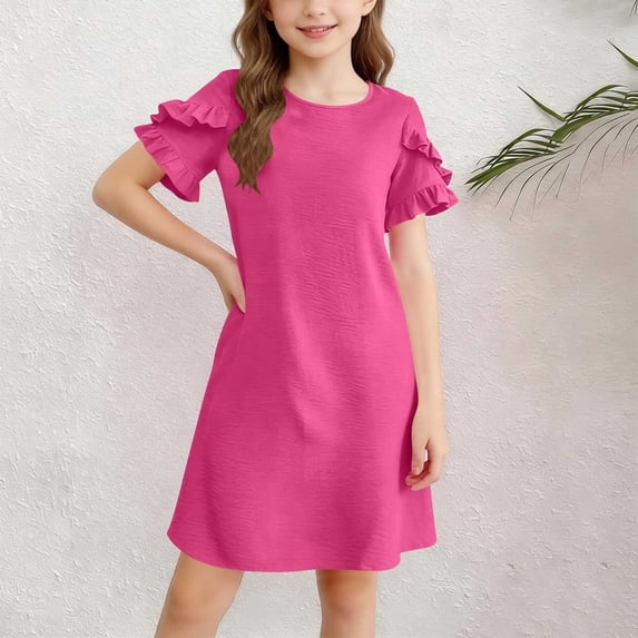 hengsof Girls Cute Ruffle Sleeve Dress Kids Summer Solid Color Round Neck Casual Everyday Dress with Pockets for 5-15 Years