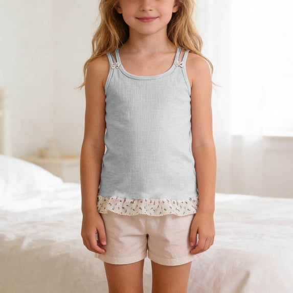 hengsof Girls Cute Ruffled Sleeveless Double Strap Tank Top, Daily Breathable Soft Layering Undershirt for 3-13 Years