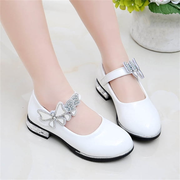 hengsof Girls Daily Sweet Leather Shoes Sparkly Rhinestone Bow Comfort Casual Footwear Solid Color Princess Dance Shoes for Ages 4-12