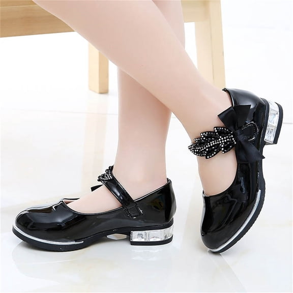 hengsof Girls Daily Sweet Leather Shoes Sparkly Rhinestone Bow Comfort Casual Footwear Solid Color Princess Dance Shoes for Ages 4-12