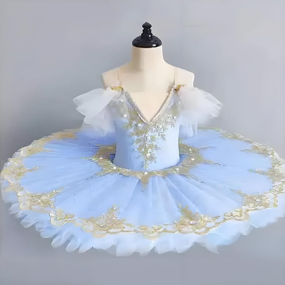 hengsof Girls' Dance Leotard Ruffled Sleeves Sheer Skirt Glitter Ballet Skirt Children's Performance Costume Cute Print Gymnastics Leotard Ballet Skirt Dance Practice Clothes