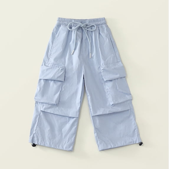 hengsof Girls' Drawstring Cargo Jogging Pants, Summer Solid Color Loose Fit Mid Waist Pocket Casual Pants, Versatile Everyday Wear, Sizes 3-14 Years Old