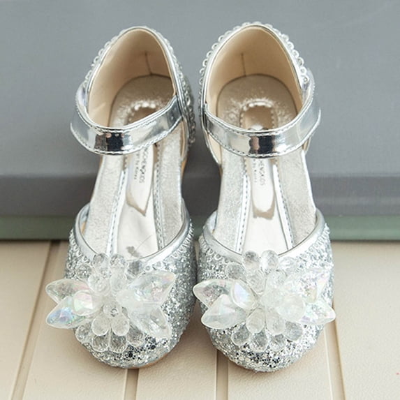 hengsof Girls' Dress Shoes Princess Crystal Shoes Girls' Flat Shoes Sparkly Low Heeled Shoes Flower Wedding Party Shoes Suitable for Toddlers Children