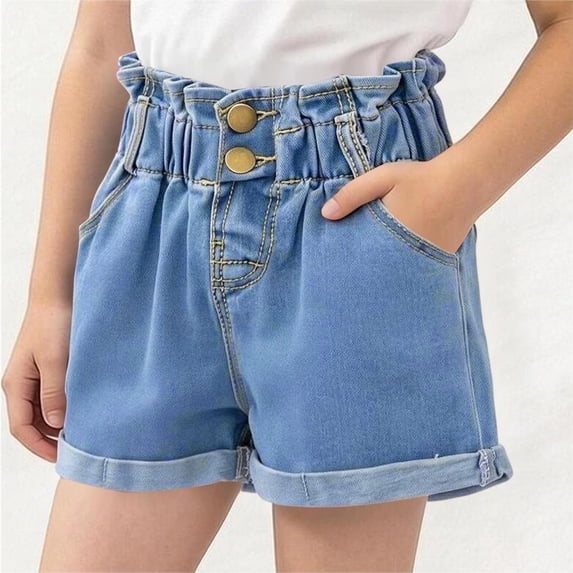 hengsof Girls Elastic Waist Denim Shorts Fashion Solid Summer Casual Button Denim Shorts with Pockets for 2-14 Years Kids