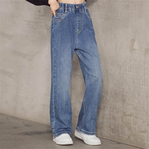hengsof Girls Elastic Waist Straight Leg Casual Jeans Loose Comfortable Versatile Wide Leg Denim Pants for 2-13 Years Kids