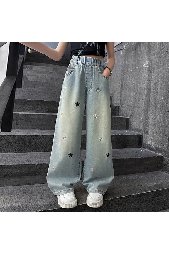 Girls Embroidered Star Stretch Jeans for 5-15 Years Old Straight Leg Relaxed Fit Denim Pants Comfortable Fashion Jeans