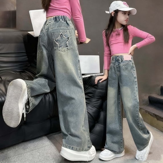 hengsof Girls Everyday Jeans Cute Embroidered Star Detail Straight Leg Wide Leg Denim Pants Fun Casual Trousers for 4-15 Years Old