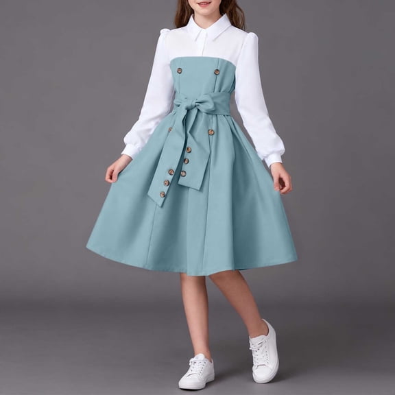 hengsof Girls Fake Two Piece Shirt Collar Dress Front Button Belt Kawaii Spring Summer Outfit