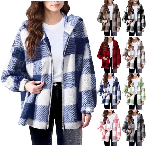 hengsof Girls' Fall Winter Fleece Hooded Zip Up Jacket Cute Plaid Print Warm Outdoor Fashion Coat, Sizes 5-16