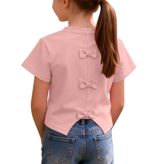 hengsof Girls Fashion Back Bow Top Solid Color Cotton Breathable Short Sleeve Round Neck Casual Summer Cute Tee 12 Months-9 Years