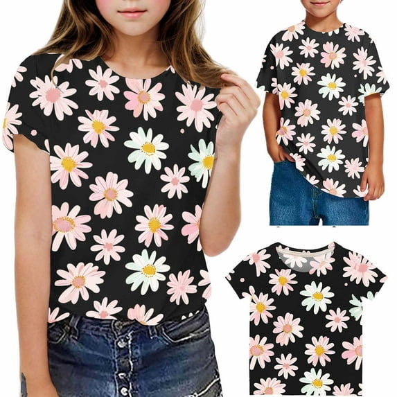 hengsof Girls Fashion Floral Print Short Sleeve Cotton T-Shirt Comfortable and Breathable Pullover Summer Crew Neck Loose Casual Top 3-14 Years