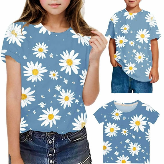 hengsof Girls Fashion Floral Print Short Sleeve Cotton T-Shirt Comfortable and Breathable Pullover Summer Crew Neck Loose Casual Top 3-14 Years
