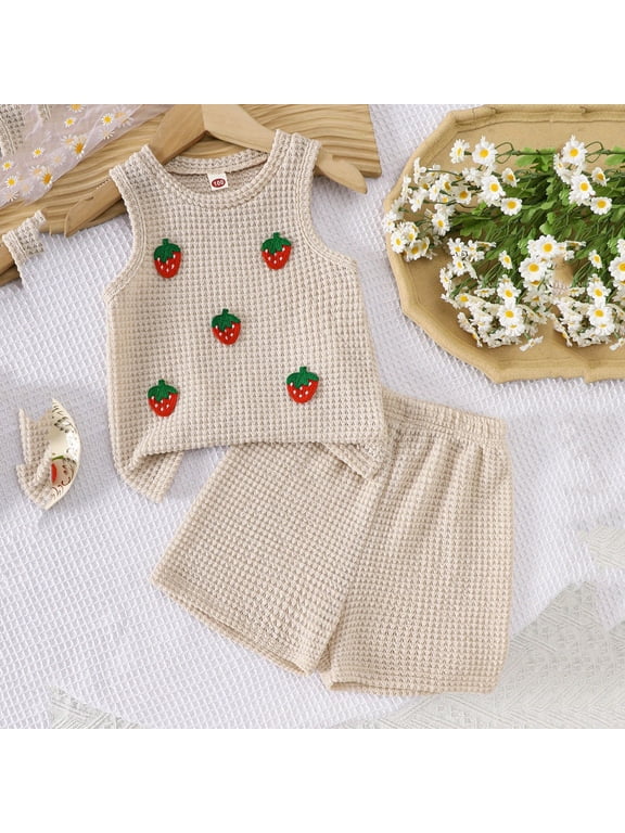 Girls' Fashion Strawberry Knit Sleeveless Round Neck Vest Top and Shorts Two Piece Set Casual Cute Summer Set Suitable for Children Aged 1-8