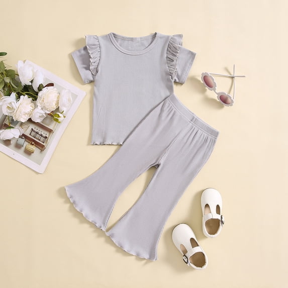 hengsof Girls' Fashionable Bell Pants Suit, Toddler's Sweet Ruffled Short Sleeve Round Neck Top Wide Leg Bell Pants Two Piece Summer Suit