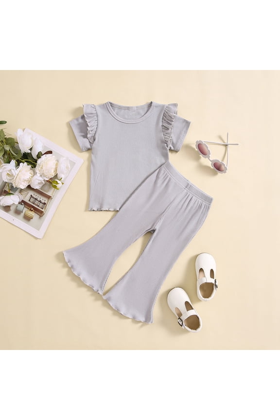 Girls' Fashionable Bell Pants Suit, Toddler's Sweet Ruffled Short Sleeve Round Neck Top Wide Leg Bell Pants Two Piece Summer Suit