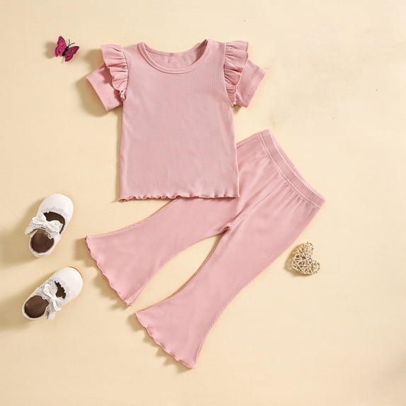 hengsof Girls' Fashionable Bell Pants Suit, Toddler's Sweet Ruffled Short Sleeve Round Neck Top Wide Leg Bell Pants Two Piece Summer Suit