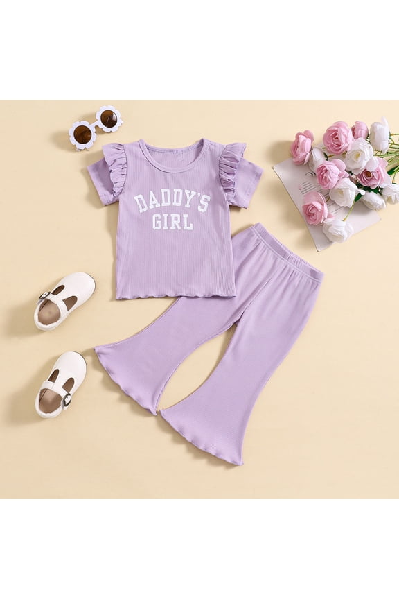 Girls' Fashionable Bell Pants Suit, Toddler's Sweet Ruffled Short Sleeve Round Neck Top Wide Leg Bell Pants Two Piece Summer Suit