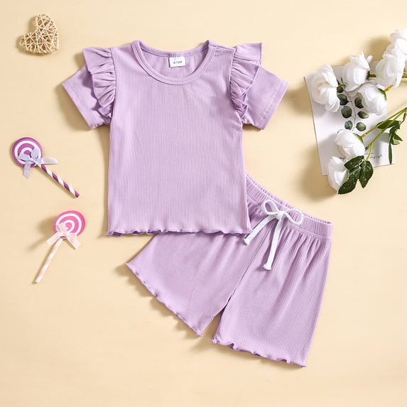 hengsof Girls' Fashionable Bell Pants Suit, Toddler's Sweet Ruffled Short Sleeve Round Neck Top Wide Leg Bell Pants Two Piece Summer Suit
