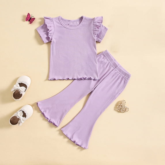 hengsof Girls' Fashionable Bell Pants Suit, Toddler's Sweet Ruffled Short Sleeve Round Neck Top Wide Leg Bell Pants Two Piece Summer Suit
