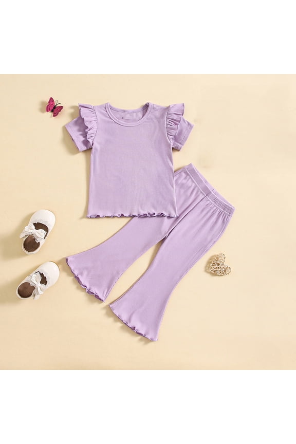 Girls' Fashionable Bell Pants Suit, Toddler's Sweet Ruffled Short Sleeve Round Neck Top Wide Leg Bell Pants Two Piece Summer Suit