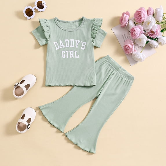 hengsof Girls' Fashionable Bell Pants Suit, Toddler's Sweet Ruffled Short Sleeve Round Neck Top Wide Leg Bell Pants Two Piece Summer Suit