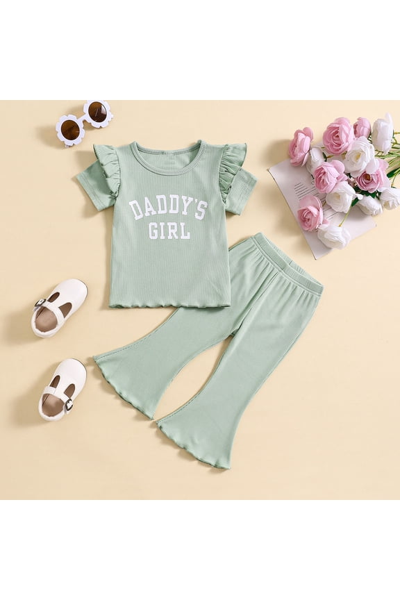 Girls' Fashionable Bell Pants Suit, Toddler's Sweet Ruffled Short Sleeve Round Neck Top Wide Leg Bell Pants Two Piece Summer Suit