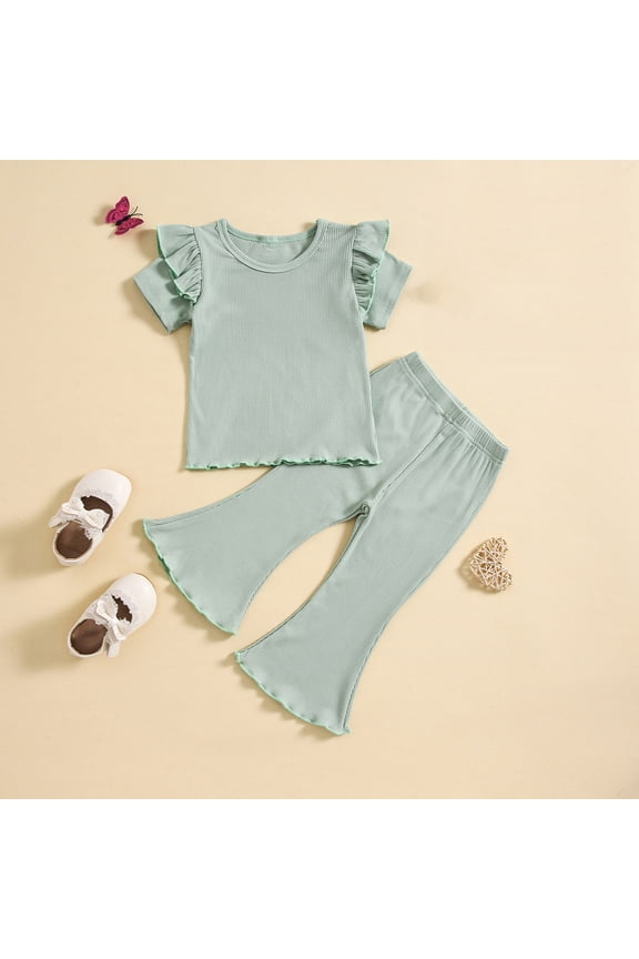 Girls' Fashionable Bell Pants Suit, Toddler's Sweet Ruffled Short Sleeve Round Neck Top Wide Leg Bell Pants Two Piece Summer Suit