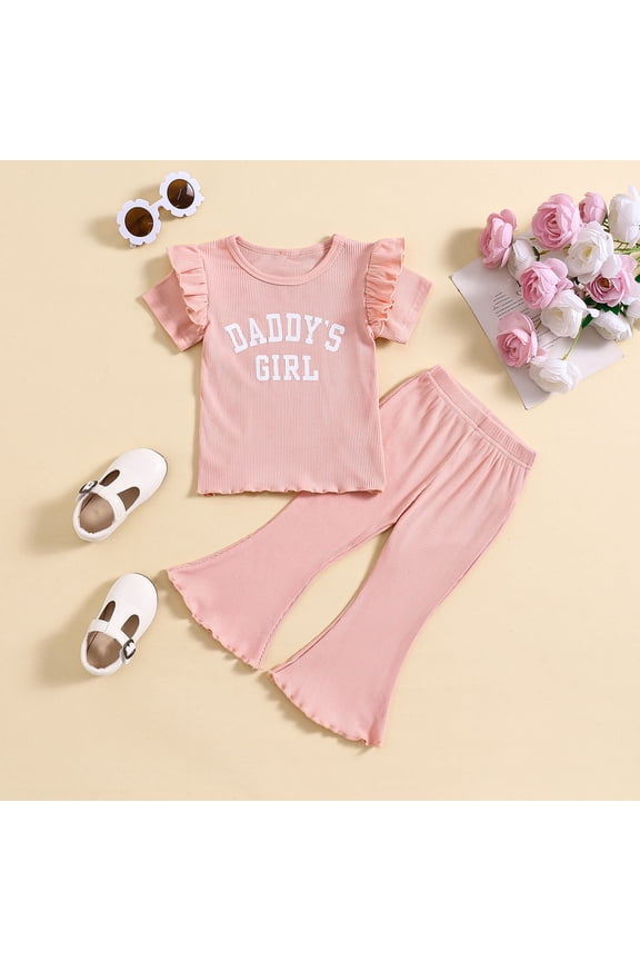 Girls' Fashionable Bell Pants Suit, Toddler's Sweet Ruffled Short Sleeve Round Neck Top Wide Leg Bell Pants Two Piece Summer Suit