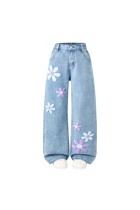 Girls Fashionable Denim Bottoms Relaxed Fit Jeans Floral Embroidered High Waist Straight Leg Jeans for Tweens and Teens Ages 7 to 14 Years