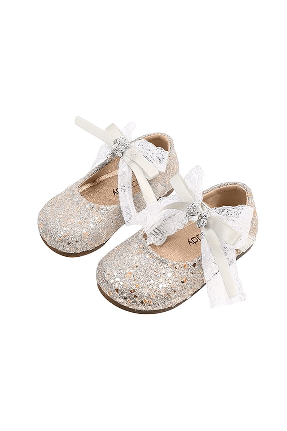 Girls' Fashionable Dress Shoes with Rhinestone Bows, Sparkly Rubber Soft Soled Flat Shoes, Sweet Princess Shoes for Children's Parties