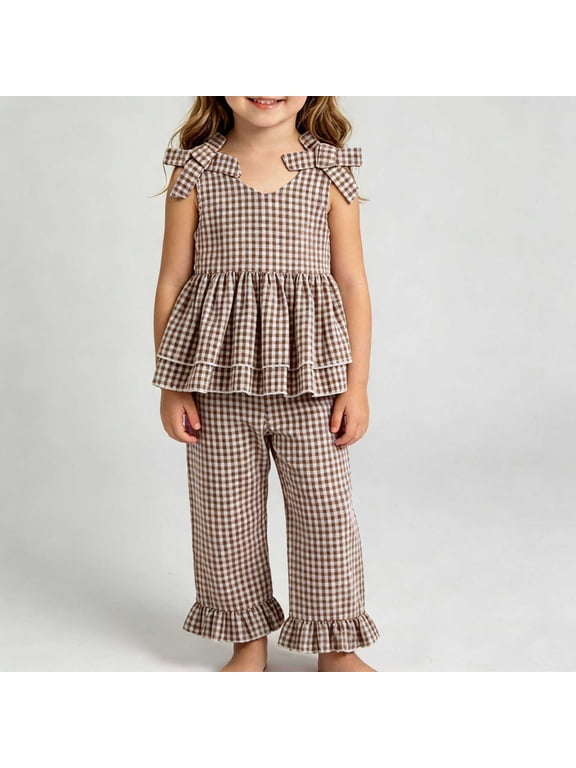 Girls' Fashionable Plaid Bow Sleeveless Tank Top and Wide Leg Pants Set Summer V Neck Cute Ruffle Two Piece Set