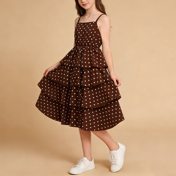 hengsof Girls' Fashionable Polka Dot Suspender Dress Children's Summer Sleeveless Waisted Layered Ruffled Casual Comfortable Dress