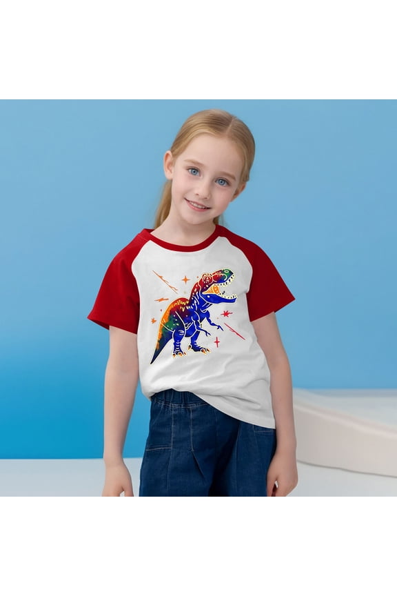 Girls Fashionable Raglan Sleeve Top, Color Block Cute Printed Pattern Short Sleeve Crew Neck Soft Comfortable T-Shirt 3-14 Years