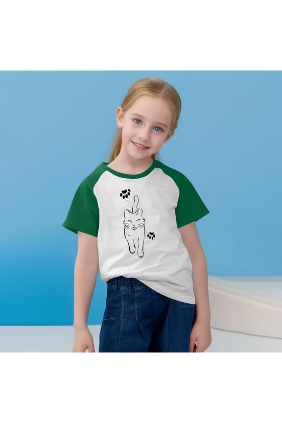 Girls Fashionable Raglan Sleeve Top, Color Block Cute Printed Pattern Short Sleeve Crew Neck Soft Comfortable T-Shirt 3-14 Years