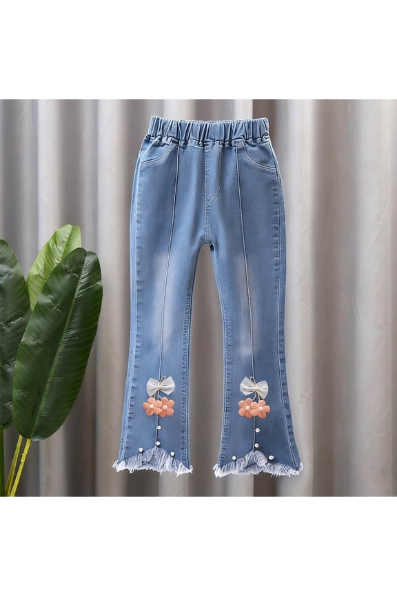 Girls Floral Hem Flare Denim Jeans for 2-13 Years, Slim Fit Casual Pants with Elastic Waist, Spring Summer Everyday Wear