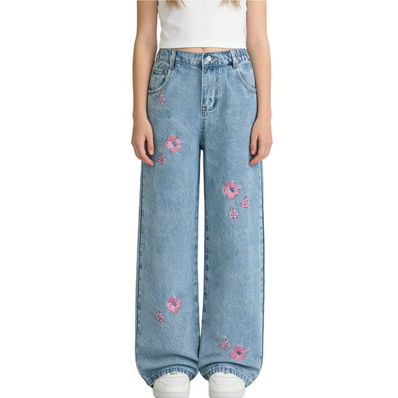 hengsof Girls' Floral Print Loose Fitting Button Down Jeans Wide Leg High Waist Jeans Casual Jeans for Teenagers Children Aged 6-13