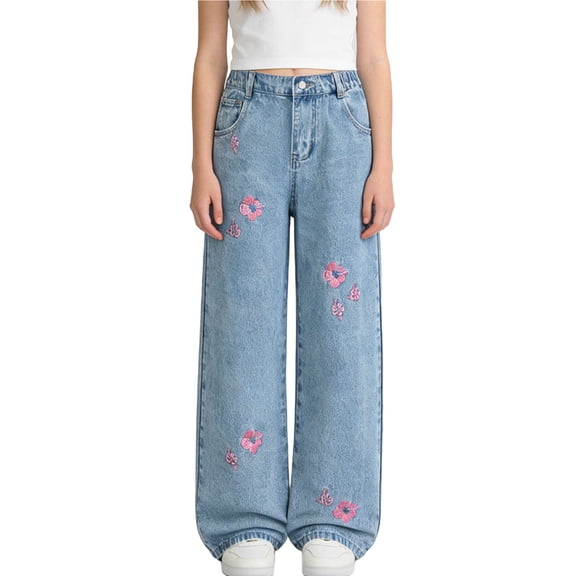 hengsof Girls' Floral Print Loose Fitting Button Down Jeans Wide Leg High Waist Jeans Casual Jeans for Teenagers Children Aged 6-13