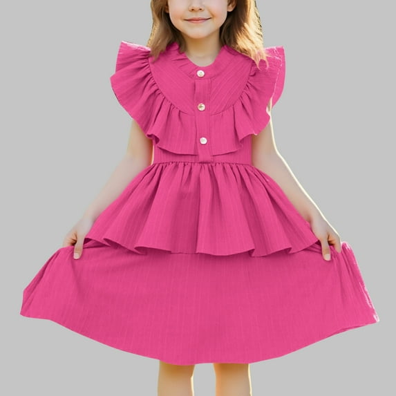 hengsof Girls Flutter Sleeve Dress Toddler Elegant Ruffle Button Down Casual Dresses