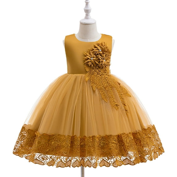 hengsof Girls Formal Performance Dress for 2-12 Years Solid Color Sleeveless Round Neck Flower Girl Gown Special Event Wear Sweet Princess Dress