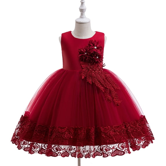 hengsof Girls Formal Performance Dress for 2-12 Years Solid Color Sleeveless Round Neck Flower Girl Gown Special Event Wear Sweet Princess Dress