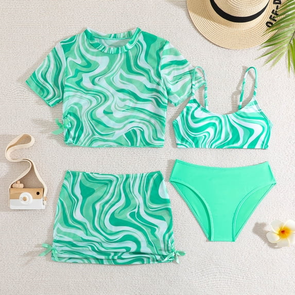 hengsof Girls' Four Piece Swimsuit Set Tie Dye High Waist Bikini Short Sleeve Round Neck Top Vest Swim Skirt Shorts Swimsuit Set Summer Beach Swimwear for Ages 8-14