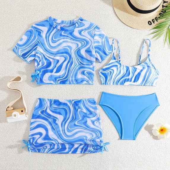 hengsof Girls' Four Piece Swimsuit Set Tie Dye High Waist Bikini Short Sleeve Round Neck Top Vest Swim Skirt Shorts Swimsuit Set Summer Beach Swimwear for Ages 8-14